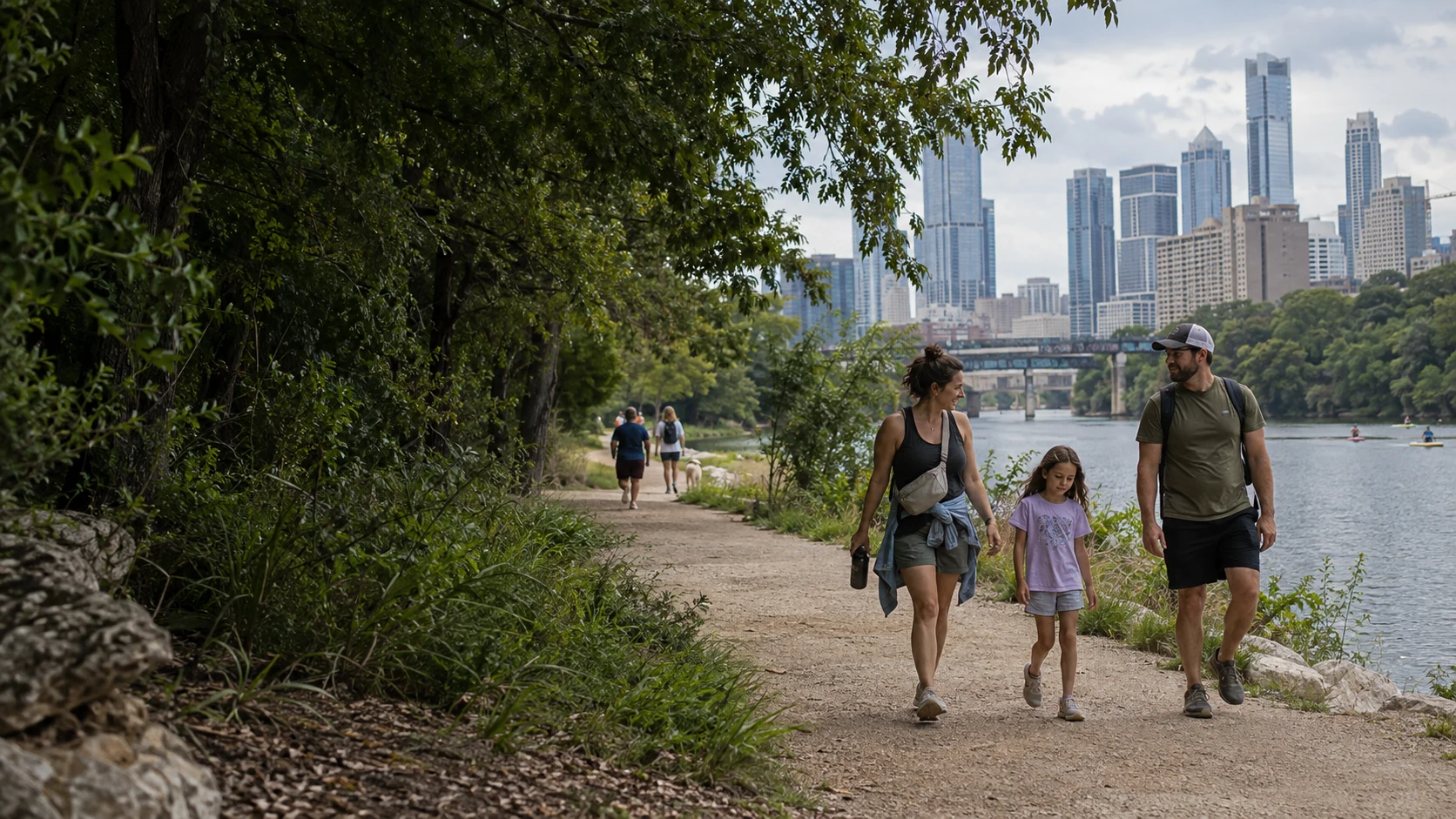 Photographic concept of neighbors enjoying an everyday afternoon on an Austin lakeside trail.