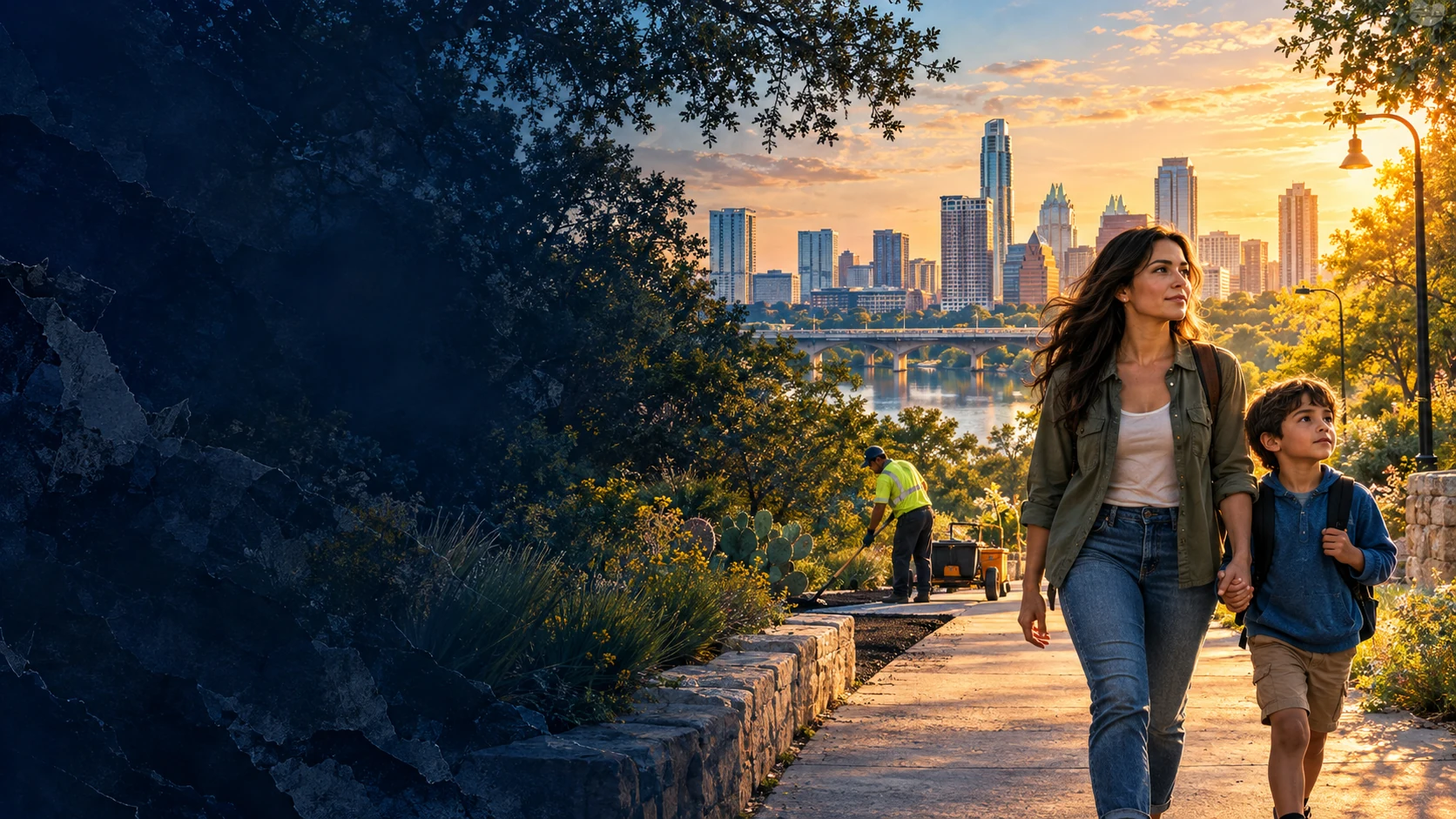 Illustration of an Austin family and a public worker, looking toward a city that delivers.